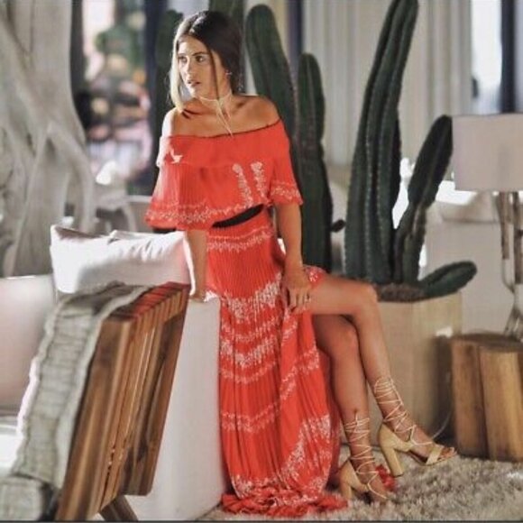 🆕 SELF PORTRAIT 🧿 NWOT Red Flower Spell Pleated Maxi Dress - CUT TAGS -Size 0 - Picture 3 of 16